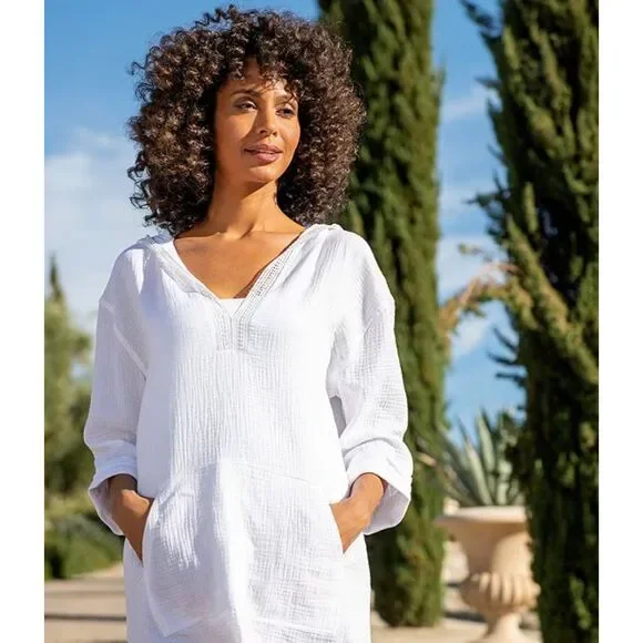 NWT La Blanca Resortwear Hooded Gauze Cotton Coverup - White S